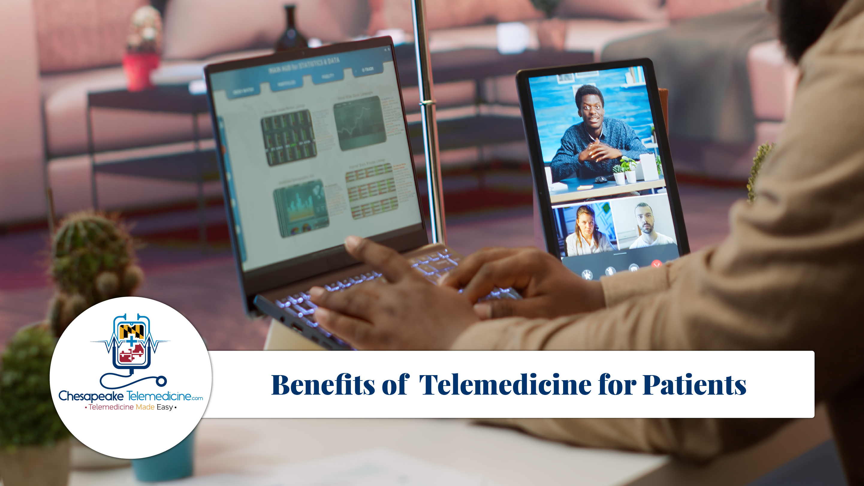 Patient using telemedicine service on a tablet for virtual urgent care with Chesapeake Telemedicine.