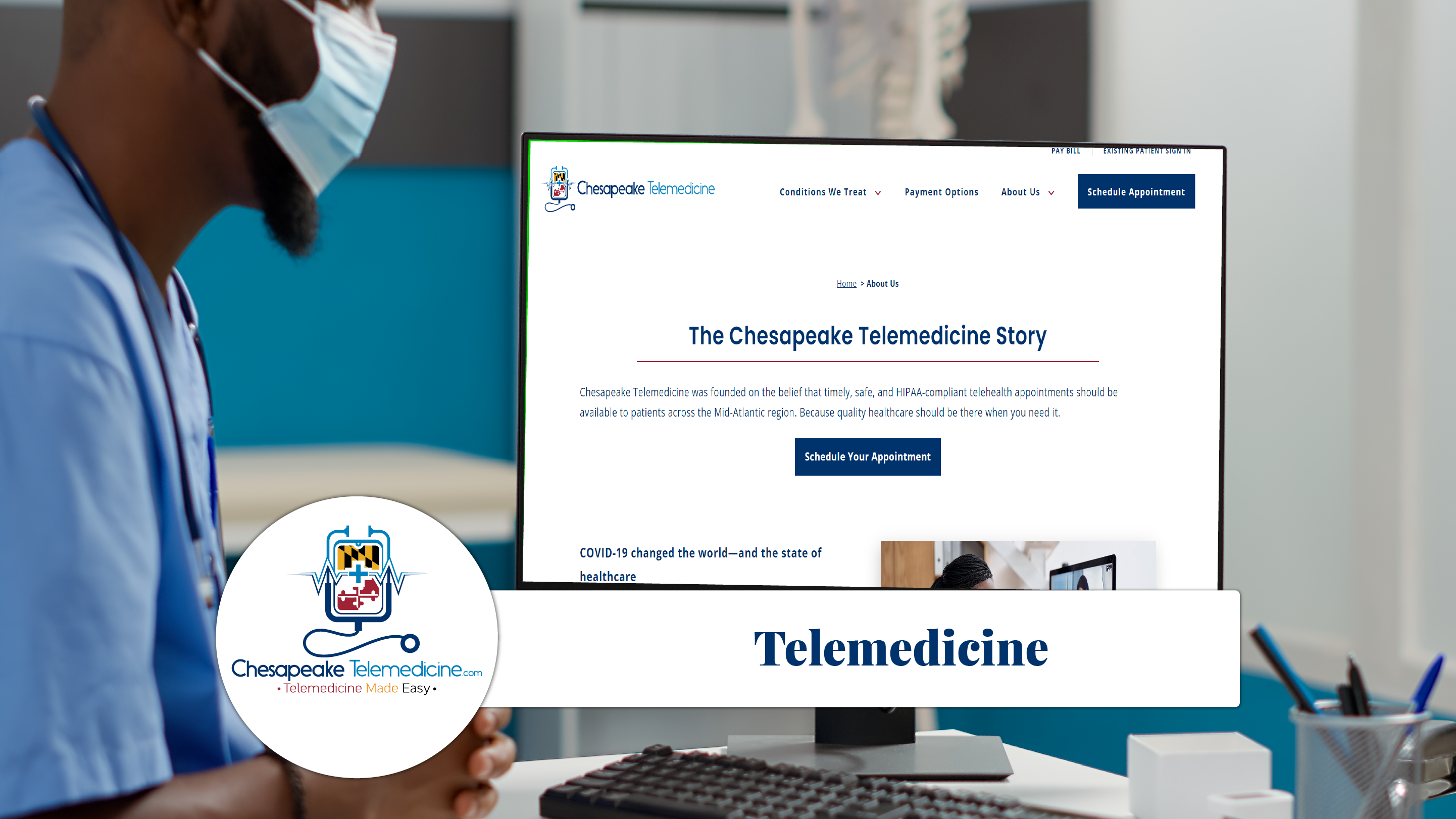 Virtual healthcare consultation through Chesapeake Telemedicine, providing remote diagnostics and follow-up care.